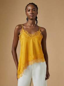 Briarwyn Women's Golden Yellow Lace Trim Camisole,Elegant Contrast Lace Asymmetric Hem Summer Top For Dinner Date,Fashionable Solid Color Lacey Top - Yellow - View 5