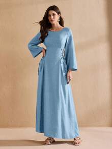 Graceveil Round Neck Solid Color Drawstring Tie Abaya Dress - Blue - View 6