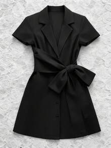 Franclia Đầm ngắn dự tiệc thời trang dành cho nữ, màu trơn, cổ ve lật, xoắn nhún. - màu đen - Xem 1