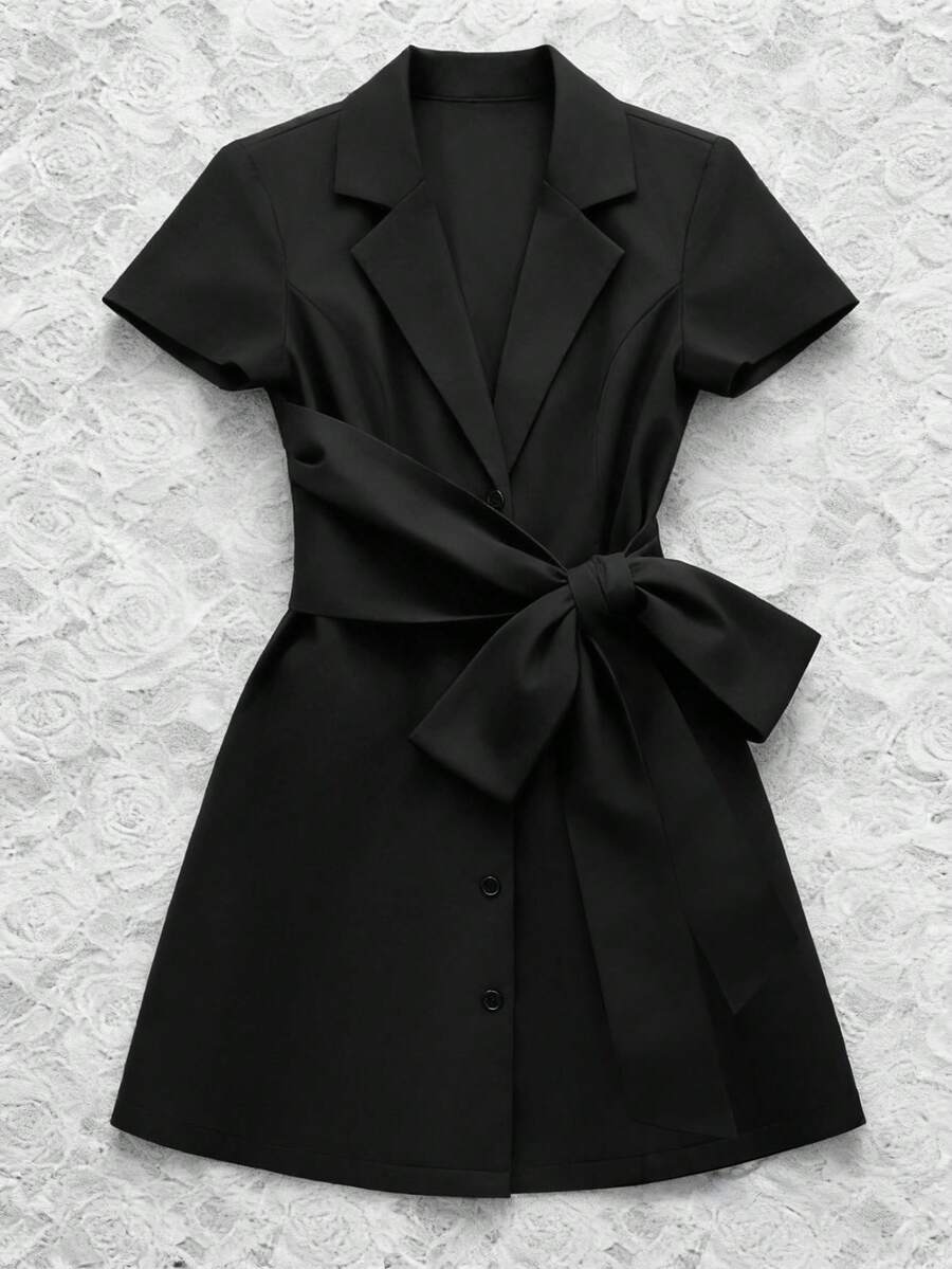 Franclia Đầm ngắn dự tiệc thời trang dành cho nữ, màu trơn, cổ ve lật, xoắn nhún. - màu đen - Xem 1