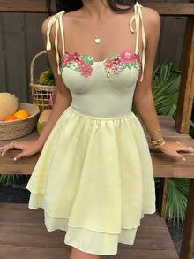 Sunnyshic 女士春夏法式优雅黄色花卉刺绣吊带裙 - 黃色 - 查看 6