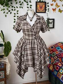 Sunspun Plus Size Women's Retro French Collar Plaid Waist Asymmetrical Hem Short Dress - Brown - View 3