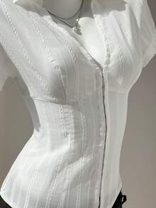 Elamini Women's Cotton Blouse, Deep V-Neck, Fitted - White - View 4