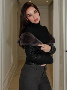 Bris Aura 女式黑色 PU 皮革复合仿兔毛领夹克 - 黑色 - 查看 6