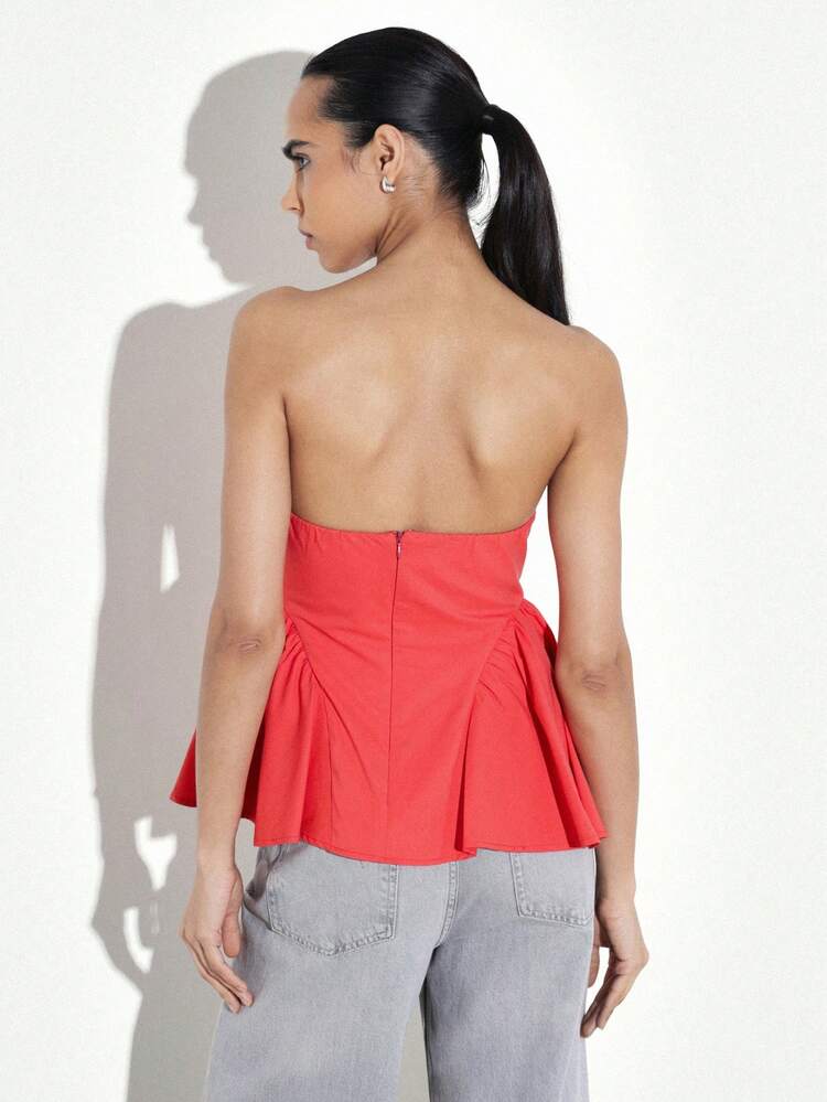 KSTM Women's Off Shoulder Red Peplum Bustier Top With Flared Godets Strapless Fitted Corset Style Spring Summer Fashion