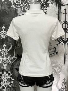 Lalippa Áo cardigan nữ tay ngắn cài nửa cúc, phong cách thường ngày, thời trang đường phố, in khẩu hiệu. - trắng - Xem 2