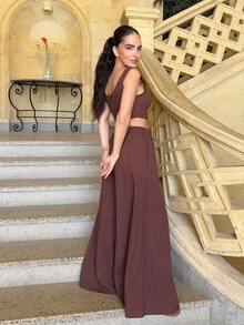 Marta Soriano New Spring/Summer Vacation Casual Fishbone Suspender Pants & Wide Leg Trousers With Pockets 2 Pieces Textured Fabric Set - B Tan Two Piece Set Linen Two Piece Set - Coffee Brown - View 2