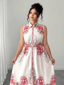 Elenzga 大码女装夏季优雅佩斯利印花无袖纽扣领衬衫裙，适合日常通勤、外出、正式场合。女装夏季连衣裙，女装夏季套装，女装连衣裙，Ycv9w 女装折扣码，大码女装在线商店，最新女装款式，大码夏季女装连衣裙 - 杏色 - 查看 5