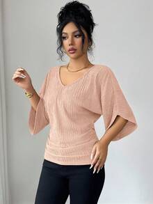 SHEIN Elenzya Áo kiểu nữ cổ chữ V dáng rộng, thiết kế nhún bèo, chất liệu vải có họa tiết, kiểu dáng tôn dáng, thích hợp cho sinh nhật, hẹn hò, tiệc tùng, Ngày Nhà giáo, Ngày Độc lập, tay ngắn. - Hồng - Xem 5