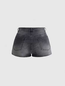 ROMWE Anime Plus Size Women Letter & Cartoon Character Pocket Decor Casual Denim Shorts - Black - View 2