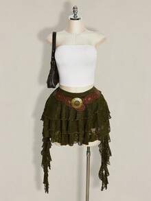 SHEIN ICON 大码度假休闲性感白色蕾丝荷叶边迷你裙，配有安全短裤，适合夏季、音乐节和返校季穿着。 - 軍綠色 - 查看 4