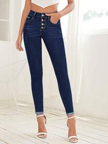SHEIN Frenchy Women's Button Front Pocket Skinny Sleeve Denim Pants - Dark Wash - View 4