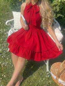 SHEIN MOD Red Summer Cottage Core Picnic Woven Dress,Sleeveless High Neck Large Bow Tie,Button-Front Fitted Gathered Waist,Double-Layered Flared Ruffle Hem - Red - View 3