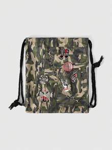 ROMWE Grunge Punk 1 pieza Mochila con cordón de gran capacidad y múltiples bolsillos, estilo versátil y casual, unisex, adecuada para ir al trabajo, socializar y hacer compras, con bordado de nota musical de camuflaje retro y parche de barra oscura - Verde medio - Ver 6
