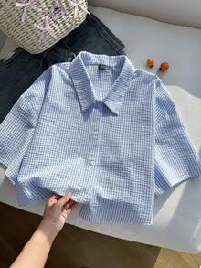 Comfortcana 大码女式条纹落肩单排扣休闲宽松衬衫 - 淺藍色 - 查看 4