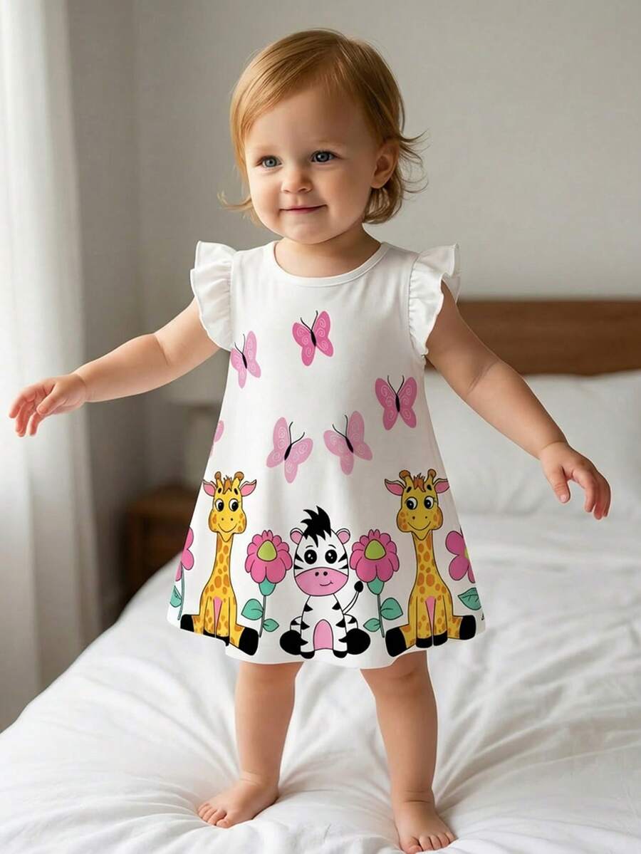 SHEIN Playful Pals Baby Girl Colorful Floral, Butterfly & Animal Print Knit Ruffle Hem White Dress, Summer - Multicolor - View 1