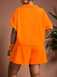 Truni 大码女士休闲沙滩短袖上衣短裤两件套，含腰带，适合各种场合，如舞蹈、复活节、复古、乡村音乐节、郊游、仙女风、假日、热带度假等。优雅女士休闲套装，夏季橙色纽扣两件套，上衣短裤套装，大码女士度假装，适合梨形和三角形身材。 - 橘色 - 查看 3