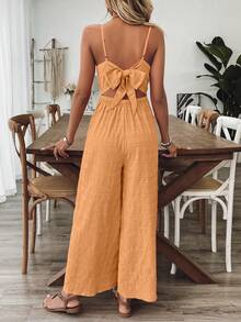 Breezaya Bộ jumpsuit nữ cổ chữ V hở lưng thắt nơ, màu đỏ hồng, thích hợp cho mùa xuân/hè. - Màu Cam san hô - Xem 2