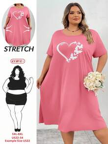 SHEIN CURVE+ Curve Plus 红色心形印花长裙，情人节 - 粉色 - 查看 1
