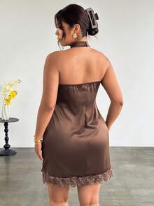 Firerie Plus Size Women's Chocolate Brown Autumn Elegant Night Out Club Halter Neck Lace Patchwork Backless Bodycon Satin Mini Dress For Valentine's Day - Brown - View 3