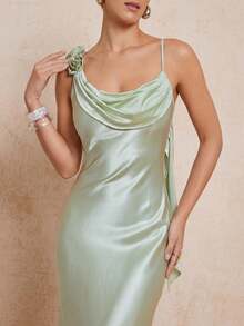 Lumalex 亮面立体花卉单肩露肩飘逸系带鱼尾连衣裙（女款） - 綠色 - 查看 7