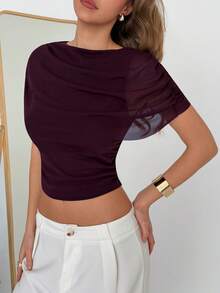 Aloruh 女士休闲优雅紫红色T恤，夏季服装，可爱迷人 - 中紫紅色 - 查看 6