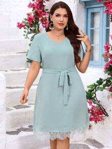 Miaspire Plus Size Women Light Blue V-Neck Short Sleeve Casual Dress,Elegant Summer Holiday Tea Party Vacation Beach Outfit,Spring Country Style Mothers Day - Mint Blue - View 5