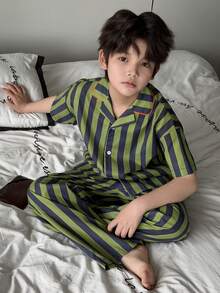 DAZY Tween Boy Striped Short Sleeve Button-Up Top And Pants Pajama Set - Green - View 1