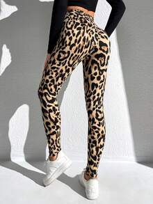 SHEIN LUNE Leopard Print High Waist Leggings,Casual - Khaki - View 4