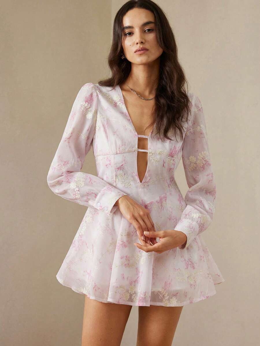 Aveloria Rosie Fish Bone Shaping Slimming Versatile Gold Thread Random Embroidery Printed Chiffon Long Sleeve V-Neck A-Line Dress - Baby Pink - View 1