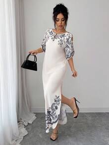 SHEIN Elenzya 女士休闲优雅V领蝙蝠袖宽松下摆开衩印花白色连衣裙，无弹力，春夏款 - 杏色 - 查看 8