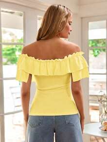 KARISMINA 女士度假纯色荷叶边露肩系带时尚上衣 - 黃色 - 查看 2