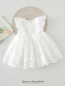 Cozy Pixies Vestido de niña bebé de unicolor, versátil y cómodo, con cuello redondo y sin mangas, con cintura - Blanco - Ver 3