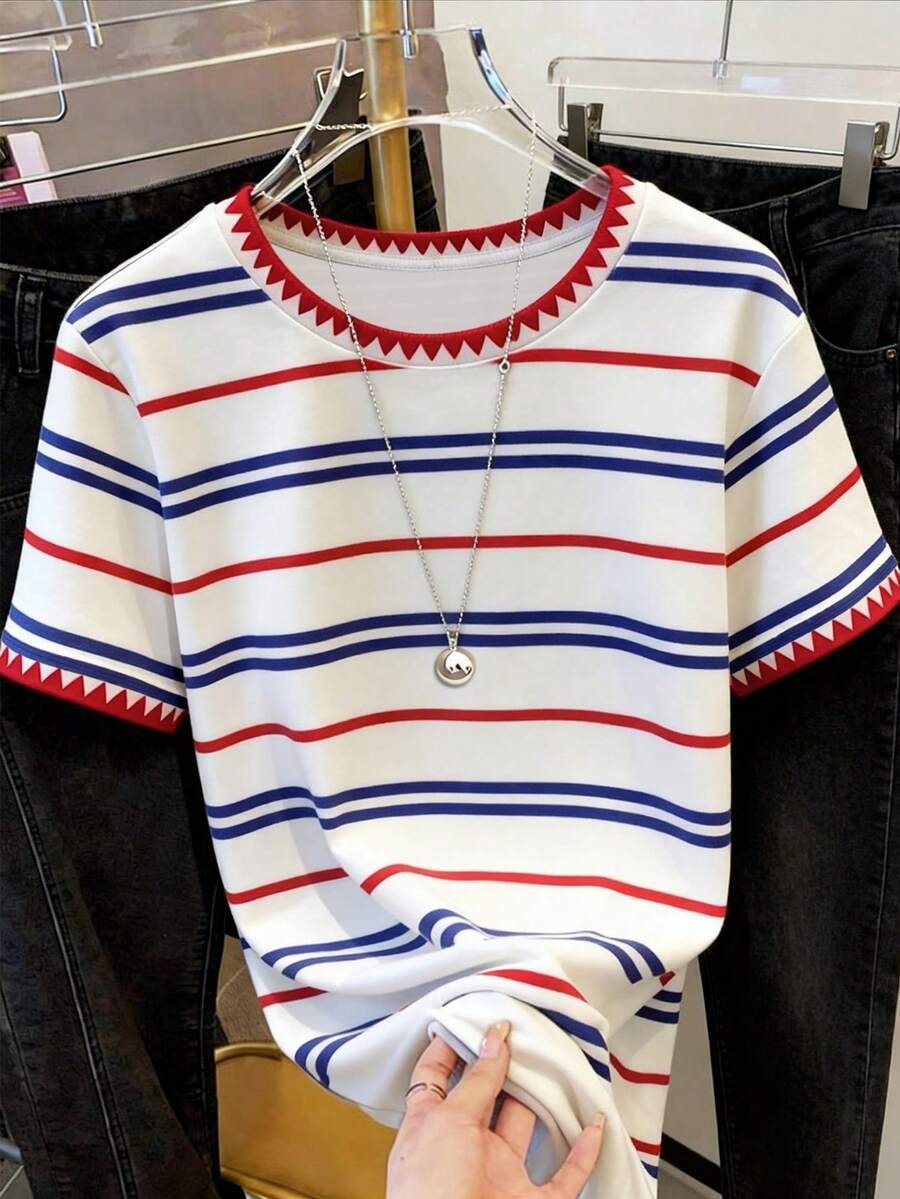 Resyla Striped Digital Print Fashionable Minimalist Women's Regular Crew Neck T-Shirt, Gift For Friends - Multicolor - View 1