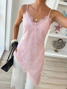 Elouméa Women's Elegant Lace Asymmetric Hem V-Neck Camisole, Suitable For Vacation, Daily Wear, Date, Spring/Summer - Pink - View 6