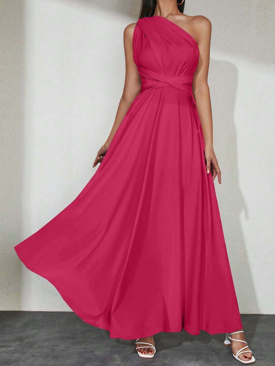 EURMUSE Solid Color Asymmetrical Collar Pleated Crossover Wrap Sleeveless Dress - Hot Pink - View 1