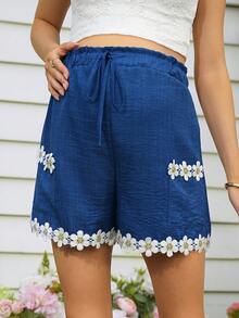 SHEIN Casual Loose Drawstring Ruffle Trim Maternity Shorts - Blue - View 3