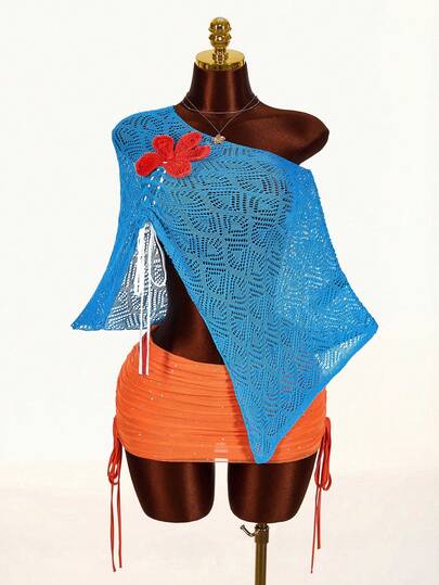 Amplova Oversized blauwe gebreide cover-up met textuur voor op vakantie