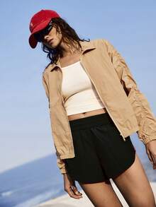 Medorelle Áo khoác nữ dáng suông, kiểu dáng thường ngày, giả rám nắng, thích hợp cho kỳ nghỉ, có khóa kéo phía trước, tay dài. - màu nâu - Xem 3