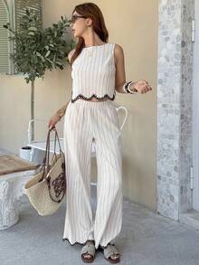 Serisse 女士条纹圆领上衣和阔腿裤休闲两件套 - 杏色 - 查看 6