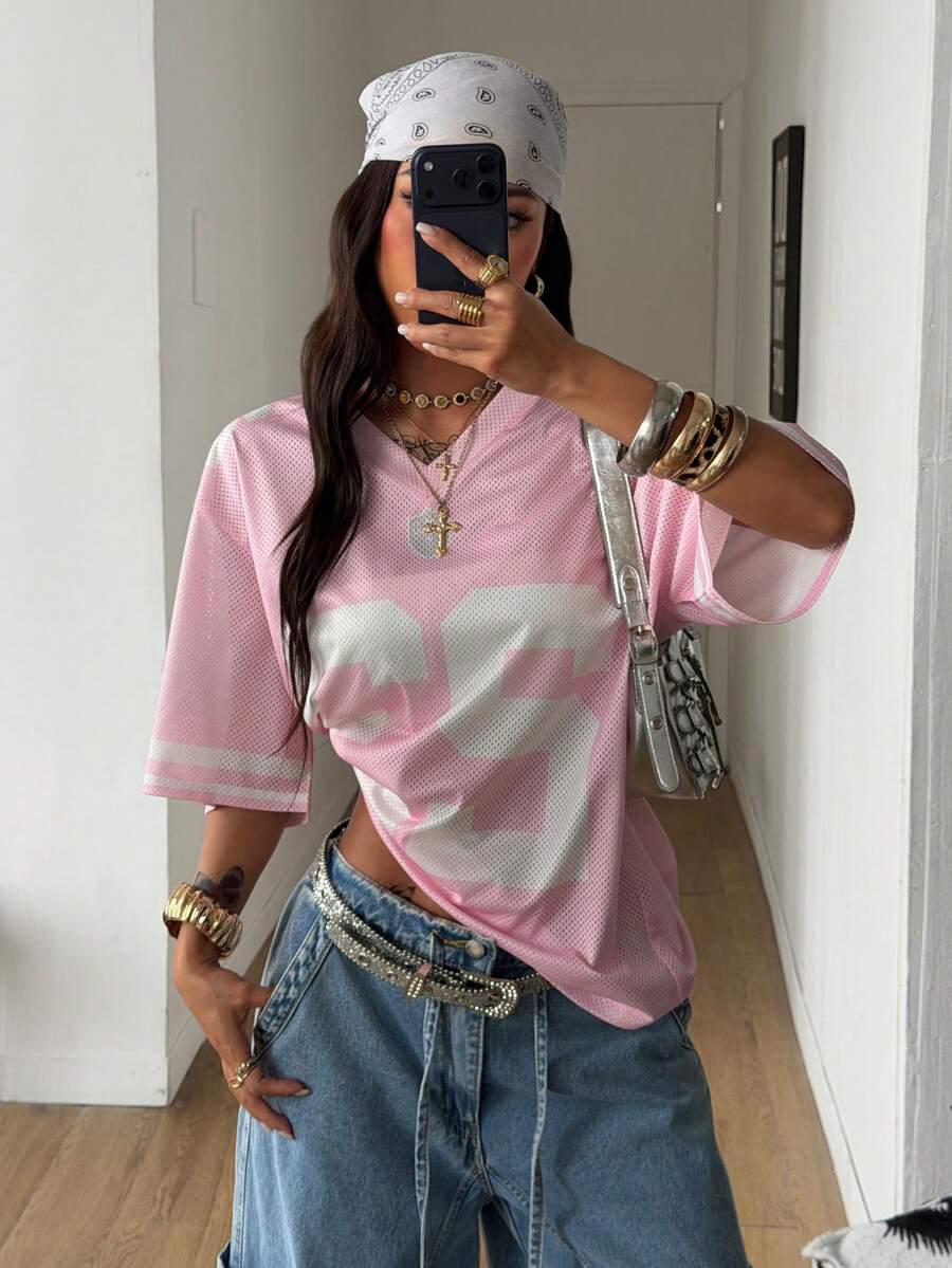 Coolane Women's Summer Streetwear Going Out Athleisure Casual Graphics Breathable Mesh Loose Jersey T-Shirt - Pink - View 1