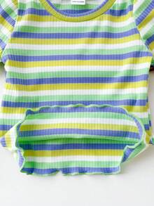 3pcs/Set Cute Colorful Striped Short Sleeve Knit Top For Baby Girls, Summer - Multicolor - View 7