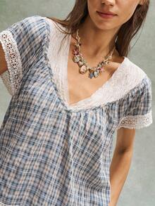 Bohemela 女士休闲编织拼接V领短袖宽松衬衫 - 藍色 - 查看 4