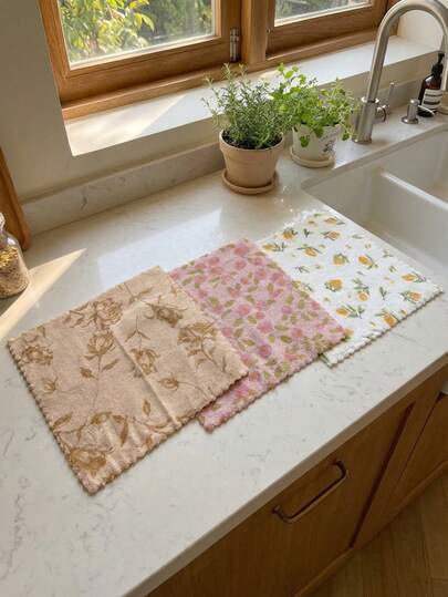 Cirelle Soft Coral Fleece Kitchen Towel Set - 3 Packs Lemon & Floral Pattern, Lint-Free & Non-Stick For Easy Cleaning, Minimalist Home Decor & Housewarming Gift