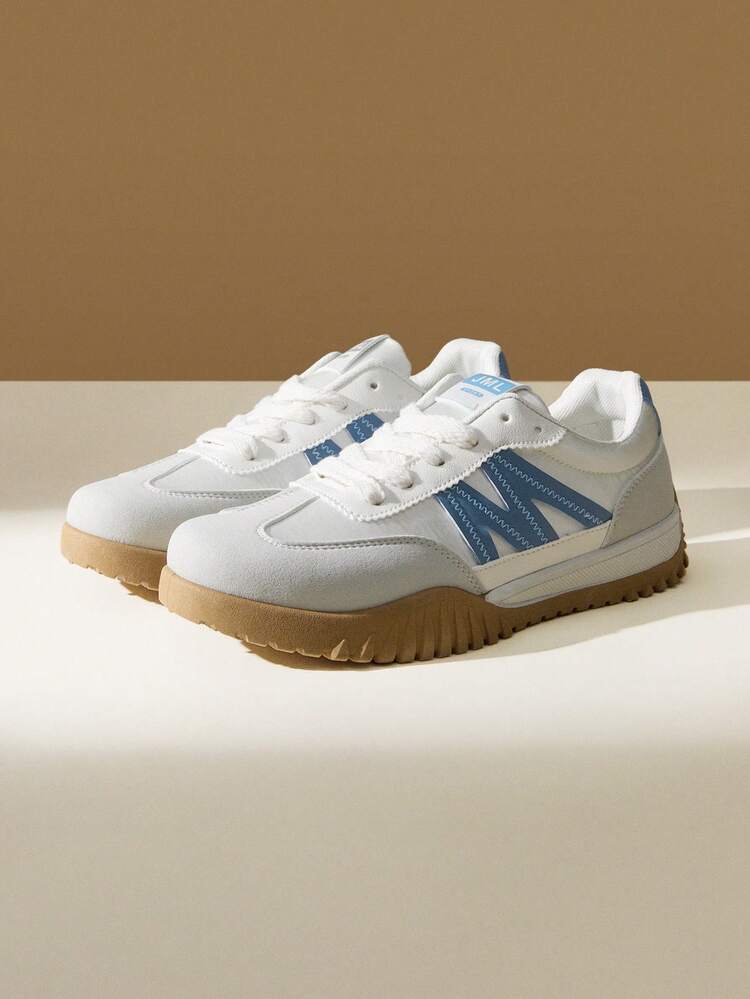 CUCCOO EASI Contrast Color Solid Preppy Casual Gym Sneakers For Women, Lace-Up Brown Patchwork Flat Casual Shoes, Retro Fashion Outdoor Sports Running Shoes