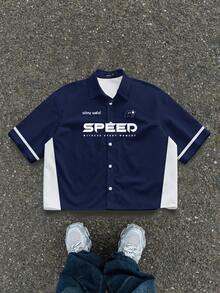 Manfinity ZONE917 男士字母印花单排扣休闲百搭日常短袖衬衫 - 藏蓝色 - 查看 1