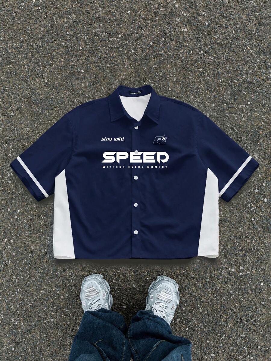 Manfinity ZONE917 男士字母印花单排扣休闲百搭日常短袖衬衫 - 藏蓝色 - 查看 1