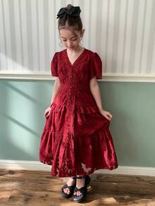 Dazy Kids Burgundy V-Neck Ruffle Trim Tween Girls Dress - Burgundy - View 1