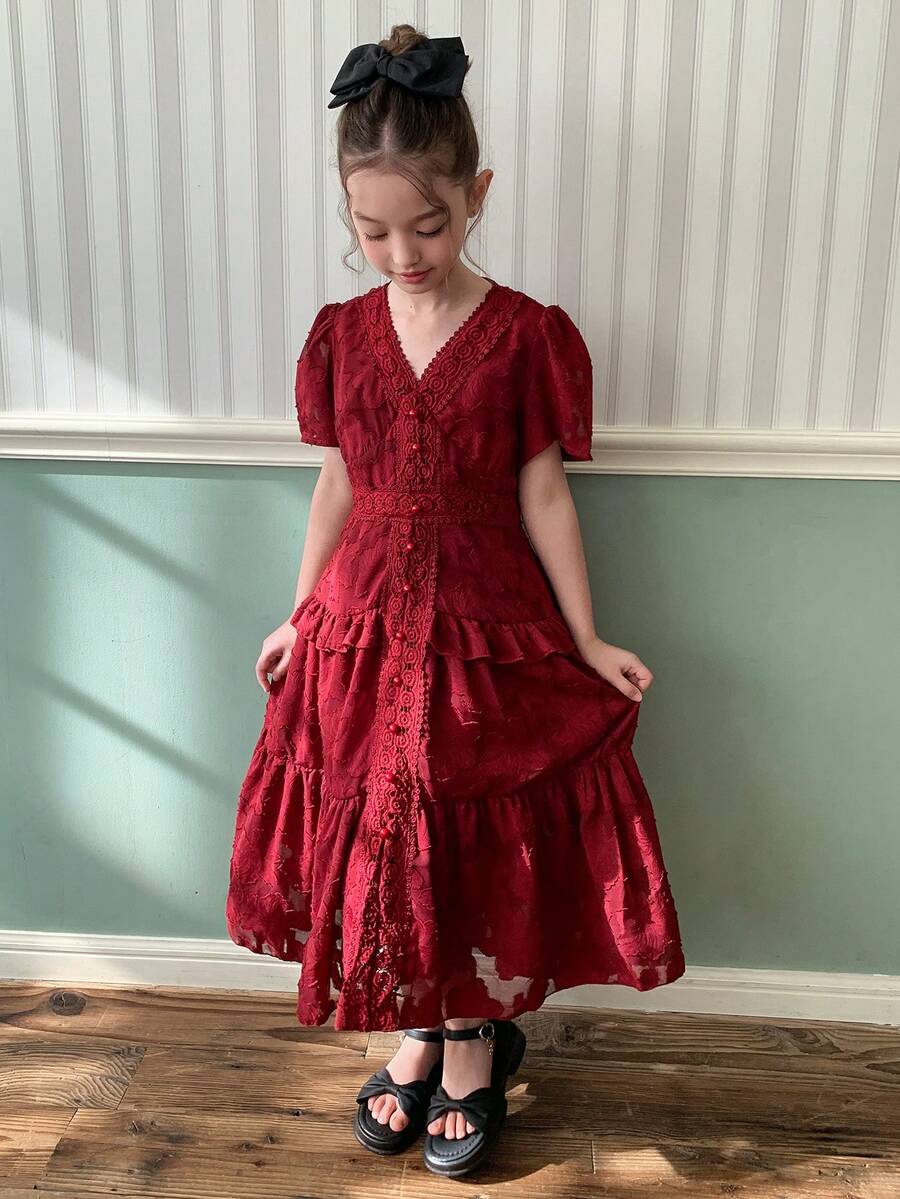 Dazy Kids Burgundy V-Neck Ruffle Trim Tween Girls Dress - Burgundy - View 1