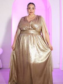 Pretty and Ole Plus Size Elegant Party Metallic V-Neck Ruched Dress, Party Wear - Gold - View 6